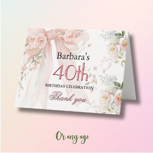 Carte De Remerciements Élégant Nœud Floral Rose Aquarelle 40e Anniversair