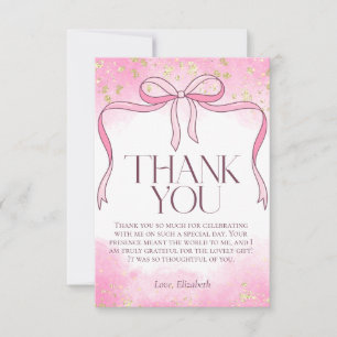 Carte De Remerciements Élégant Nœud Rose Féminin Faux Paillettes Or Maria