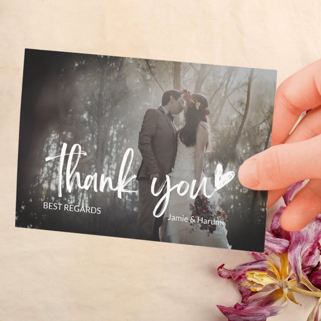 Carte De Remerciements Élégant noir et gris 2 Mariage de script photo (Elegant Black and Grey 2 Photo Script Wedding Thank You Card)