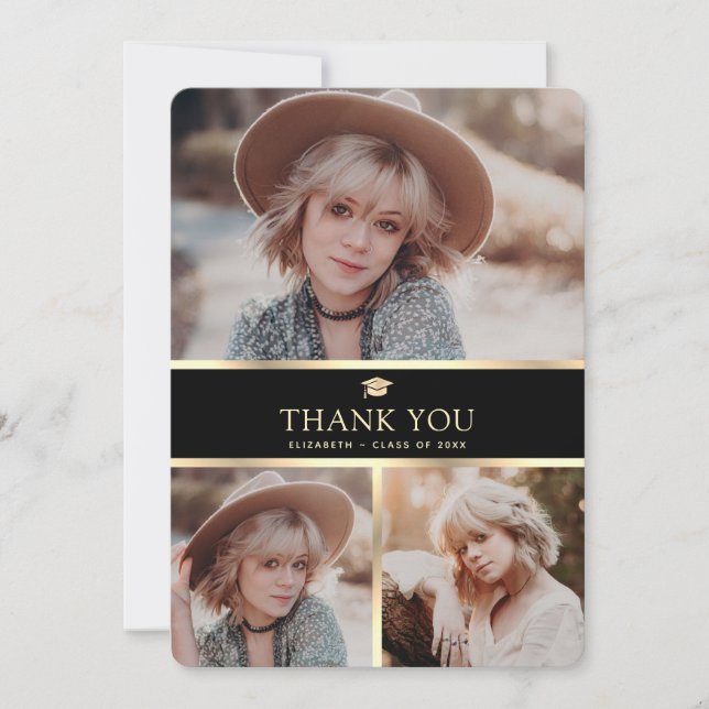 Carte De Remerciements Elégant noir et or 4 photo Graduation (Devant)