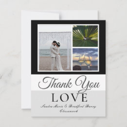 Carte De Remerciements Élégant noir gris script Mariage photo collage