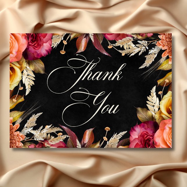 Carte De Remerciements Élégant noir Vibrant Boho Floral Script Mariage (Elegant Black Vibrant Boho Floral Script Wedding Thank You Card)