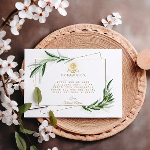 Carte De Remerciements Élégant Olive Feuille Gold Boy First Holy Communio