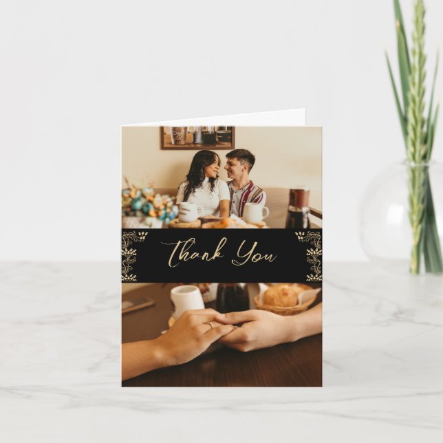 Carte De Remerciements Elégant or Art Déco sur noir, 2 photos mariage T (Devant)