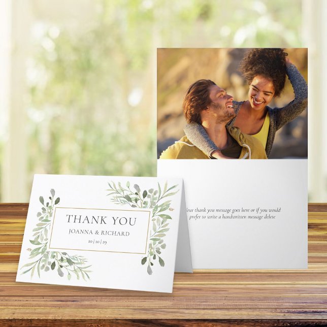 Carte De Remerciements Elégant or Géométrique Verdure Mariage photo (Elegant Gold Geometric Greenery Photo Wedding Thank You Card)