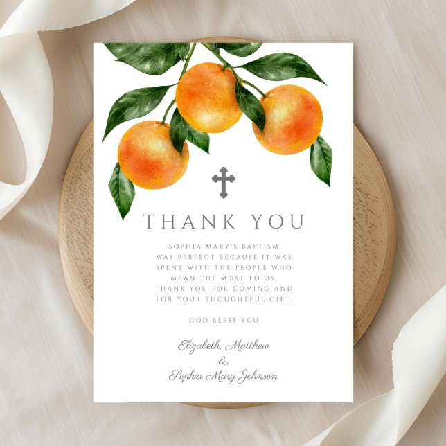 Carte De Remerciements Élégant Oranges Baptême fille (Elegant Oranges Girl Baptism Thank You Card)
