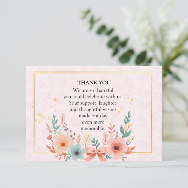 Carte De Remerciements Elegant Pastel Floral Frame with Golden Accents (Debout devant)