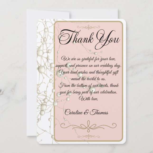 Carte De Remerciements Élégant Perle Or Script Mariage Romantique Perles (Devant)