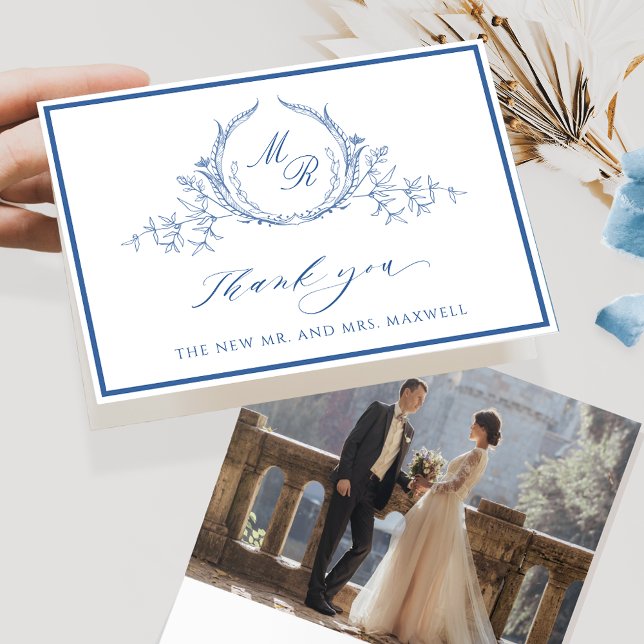 Carte De Remerciements Elegant Photo, Blue Classic Monogram Wedding (Créateur téléchargé)