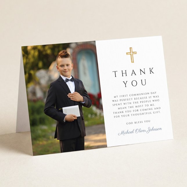 Carte De Remerciements Elegant Photo Boy First Communion Folded (Elegant Photo Boy First Communion Folded Thank You Card)