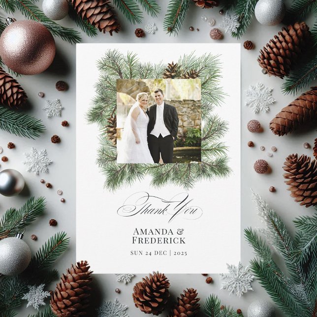 Carte De Remerciements Élégant Pin d'hiver Mariage de Noël Photo (Elegant Winter Pine Christmas Wedding Photo Thank You Card)