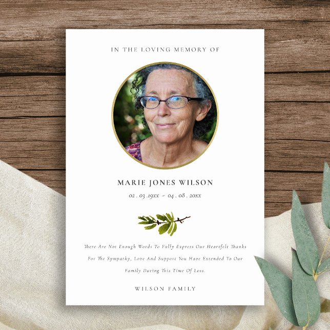 Carte De Remerciements Élégant Pine Branche Faune Photo Sympathy Memorial (Créateur téléchargé)
