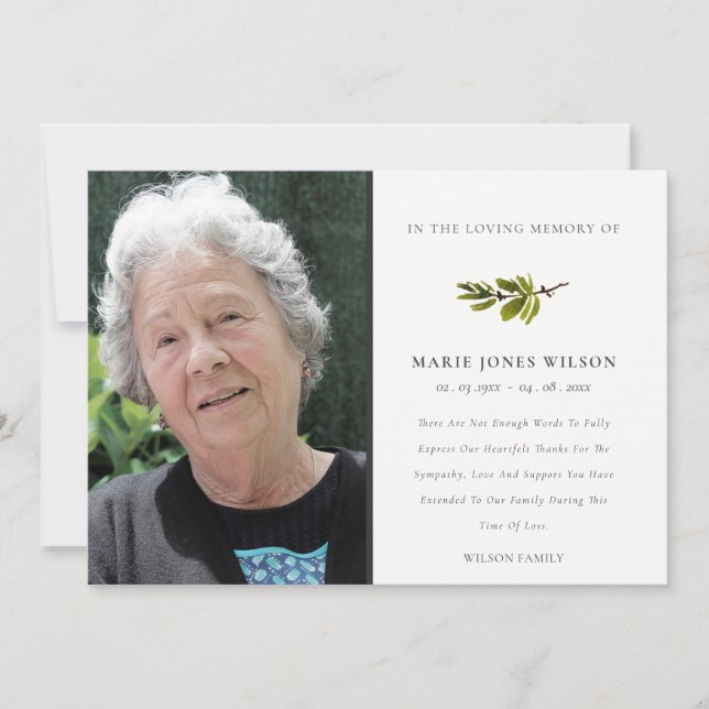 Carte De Remerciements Élégant Pine Branche Faune Photo Sympathy Memorial (Devant)