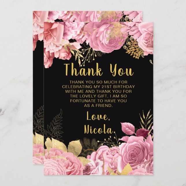 Carte De Remerciements Elegant Pink and Gold Flowers Birthday Party (Devant / Derrière)