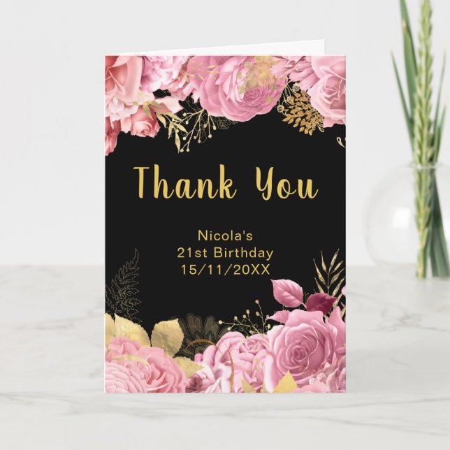 Carte De Remerciements Elegant Pink and Gold Flowers Birthday Party (Devant)