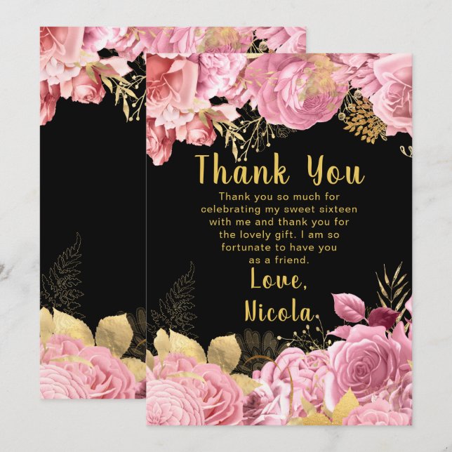 Carte De Remerciements Elegant Pink and Gold Flowers Sweet Sixteen (Devant / Derrière)