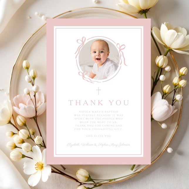 Carte De Remerciements Elegant Pink Bow Girl Baptism Photo (Elegant Pink Bow Girl Baptism Photo Thank You Card)