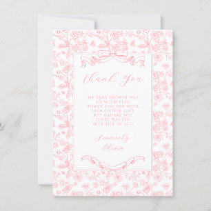 Carte De Remerciements Elégant Pink Bow Vintage Floral Girl Baby shower