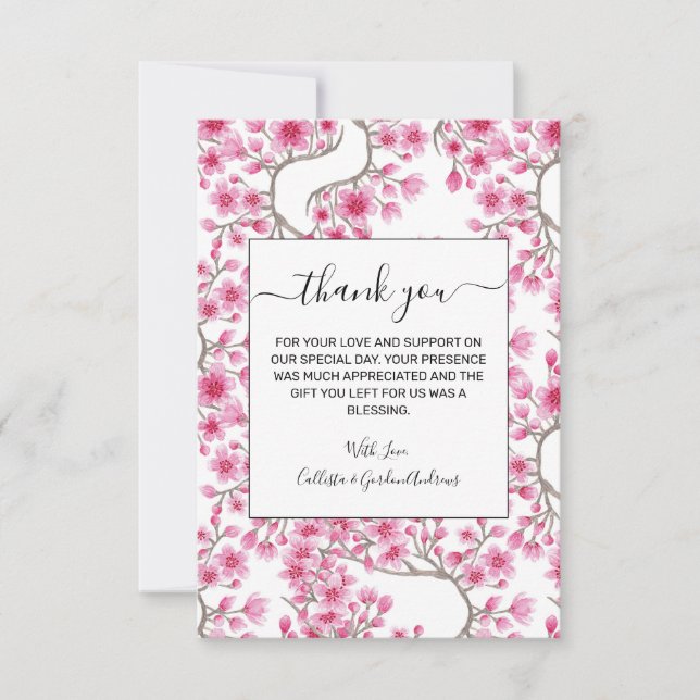 Carte De Remerciements Elegant Pink Cherry Blossom Floral Watercolor (Devant)