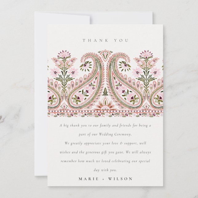 Carte De Remerciements Élégant Pink Green Floral Paisley Motif Mariage (Devant)