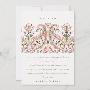 Carte De Remerciements Élégant Pink Green Floral Paisley Motif Mariage