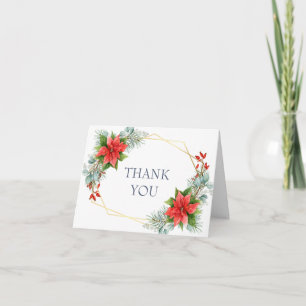 Carte De Remerciements Élégant Poinsettia Rouge Eucalyptus Aquarelle Pin