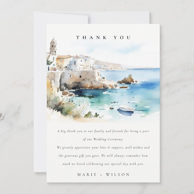 Carte De Remerciements Elegant Puglia Italy Watercolor Landscape Wedding (Devant)