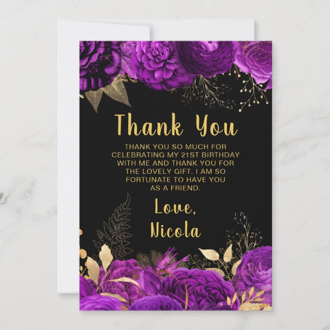Carte De Remerciements Elegant Purple and Gold Flowers Birthday Party (Devant)