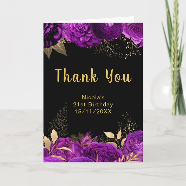 Carte De Remerciements Elegant Purple and Gold Flowers Birthday Party (Devant)