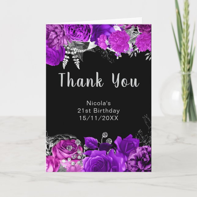 Carte De Remerciements Elegant Purple and Silver Flowers Birthday Party  (Devant)