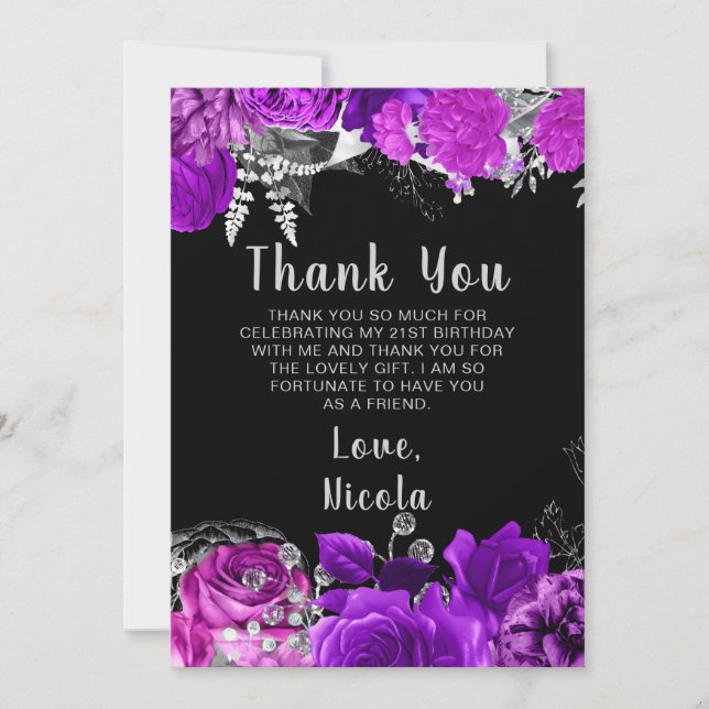 Carte De Remerciements Elegant Purple and Silver Flowers Birthday Party  (Devant)