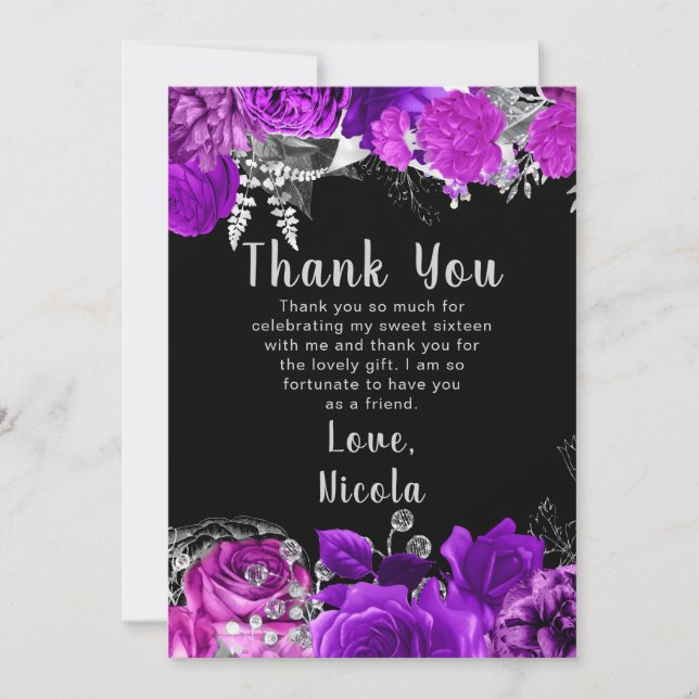 Carte De Remerciements Elegant Purple and Silver Flowers Sweet Sixteen (Devant)