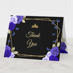 Carte De Remerciements Elégant Quinceanera Or Noir Fleurs Bleues