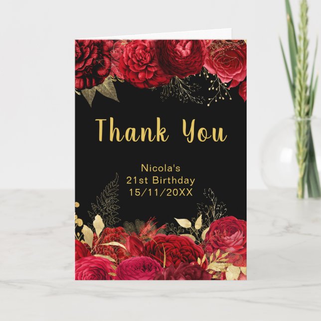 Carte De Remerciements Elegant Red and Gold Flowers Birthday Party (Devant)