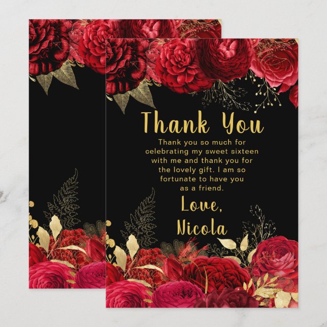 Carte De Remerciements Elegant Red and Gold Flowers Sweet Sixteen (Devant / Derrière)
