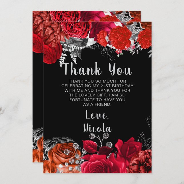 Carte De Remerciements Elegant Red and Silver Flowers Birthday Party (Devant / Derrière)