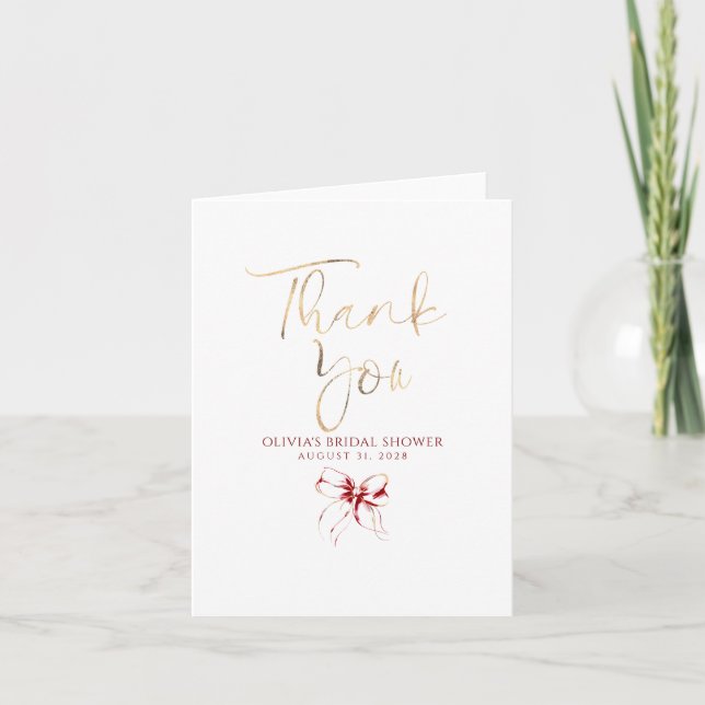 Carte De Remerciements Elegant Red Bow Bridal Shower Thank You (Devant)