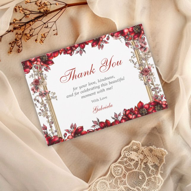 Carte De Remerciements Elegant Red Golden Tiara Floral Quinceañera (Créateur téléchargé)