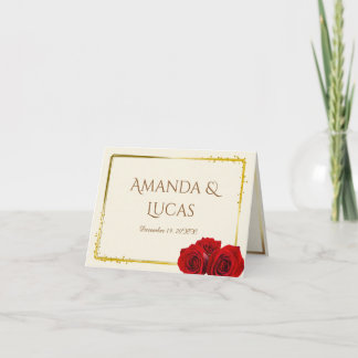 Carte De Remerciements Elegant Red Roses and Gold Frame Cream Wedding