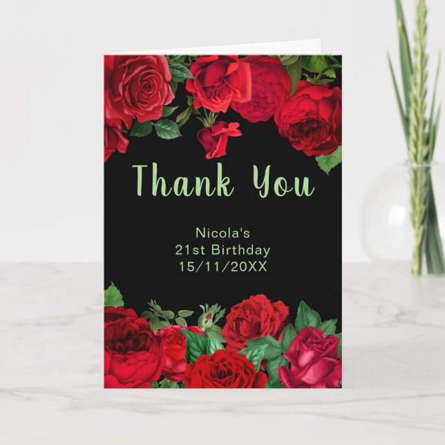 Carte De Remerciements Elegant Red Roses Flowers Birthday Party (Devant)