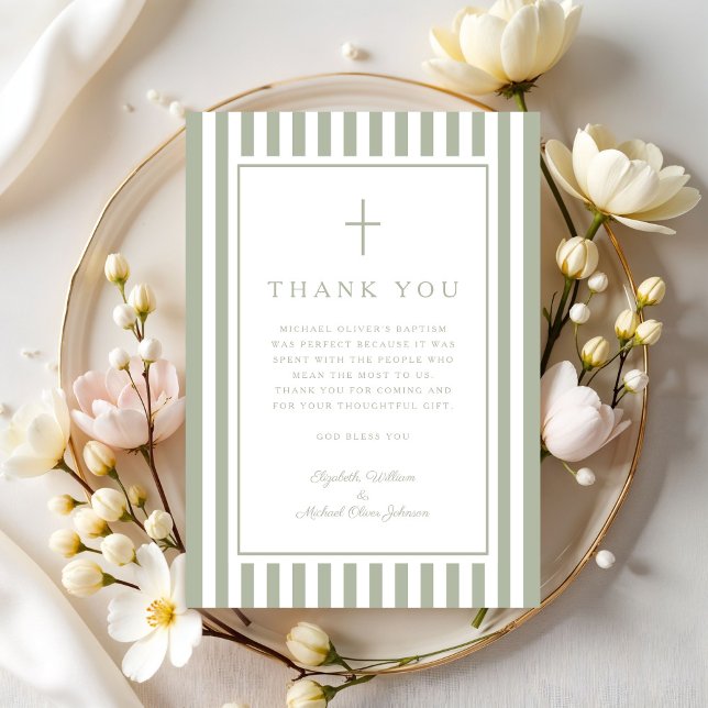 Carte De Remerciements Elegant Religious Sage Green Boy Baptism (Elegant Religious Sage Green Boy Baptism Thank You Card)