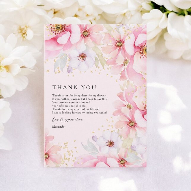 Carte De Remerciements  Élégant rose aquarelle or floral Baby Shower de m (Elegant Pink Watercolor Gold Floral Bridal Shower Thank You Card)