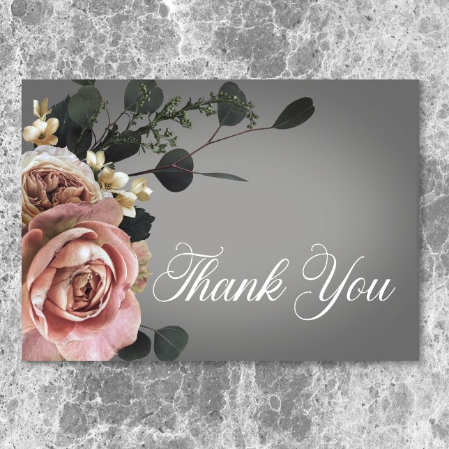Carte De Remerciements Élégant rose blanc Rose gris Mariage (Elegant Pink White Floral Roses Gray Wedding Thank You Card)