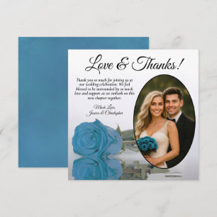 Carte De Remerciements Elégant Rose bleu turquoise et Mariage photo ovale
