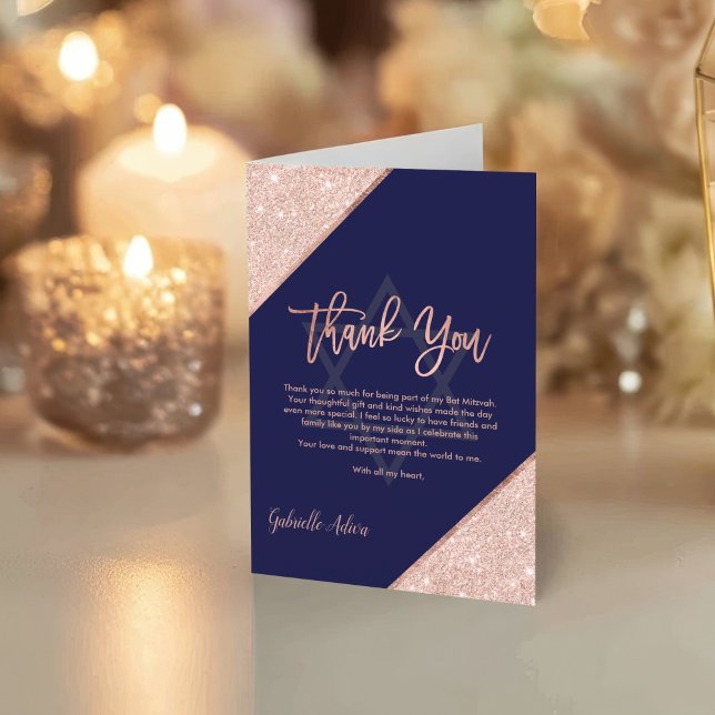 Carte De Remerciements Élégant Rose chic Gold Marine Bat mitzvah bleu mar (Elegant Chic Rose Gold Navy Blue Bat Mitzvah Thank You Card)