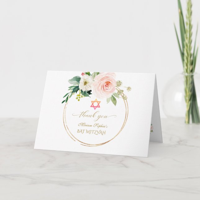 Carte De Remerciements Elégant rose Fleurs de Blush Bat mitzvah de photos (Devant)