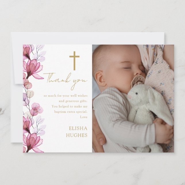 Carte De Remerciements Élégant rose floral photo Baptême Christening (Devant)