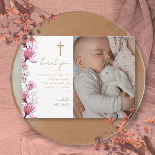Carte De Remerciements Élégant rose floral photo Baptême Christening