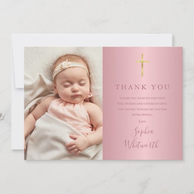 Carte De Remerciements Élégant Rose Gold Baptême Christening Photo (Devant)