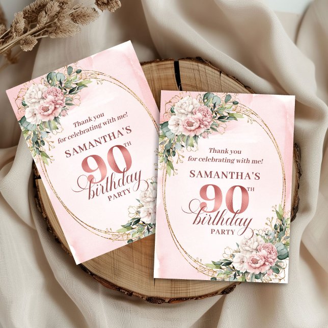Carte De Remerciements Elegant Rose Gold Floral Eucalyptus 90th Birthday  (Elegant Rose Gold Floral Eucalyptus 90th Birthday Thanks)